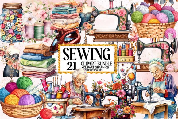 Download Watercolor Vintage Sewing Clipart Bundle - Watercolor Collection