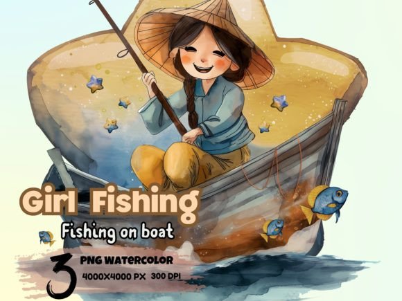 Download Watercolor Girl Fishing on Boat Clipart - Watercolor Collection