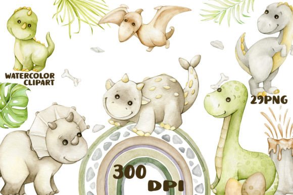 Download Watercolor Dinosaurs Boho Clipart, Dino - Watercolor Collection