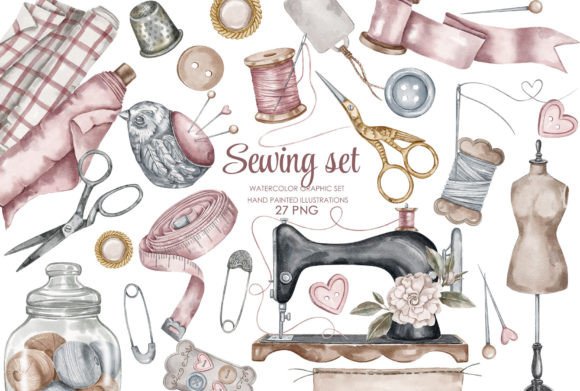 Download Watercolor Vintage Sewing Clipart - Watercolor Collection