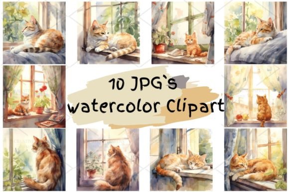 Download Cat Vintage Watercolor Clipart JPG, 1S-8 - Watercolor Collection