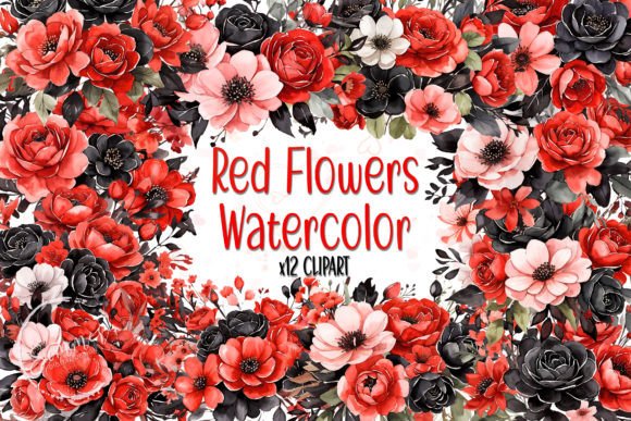 Download Red and Black Flowers Watercolor Clipart - Watercolor Collection