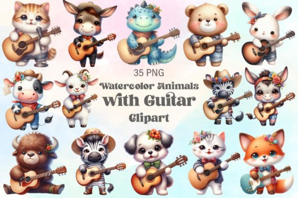 Download Watercolor Animals with Guitar Clipart - Watercolor Collection