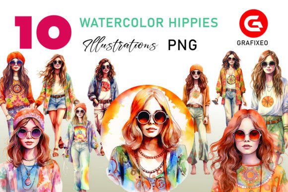 Download Hippie Girls 60s Watercolor Illustration - Watercolor Collection
